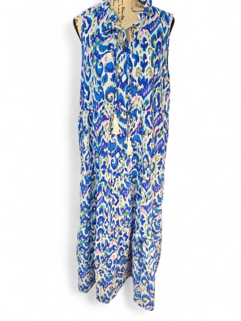 Sleeveless Blue Multi-Print Maxi Skirt with Tassel Tie